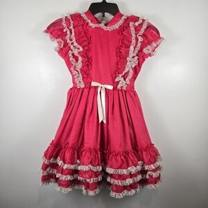 Vintage Betty Oden Pink Lace Ruffle Sparkle Layered Pageant Dress Girls Size 8